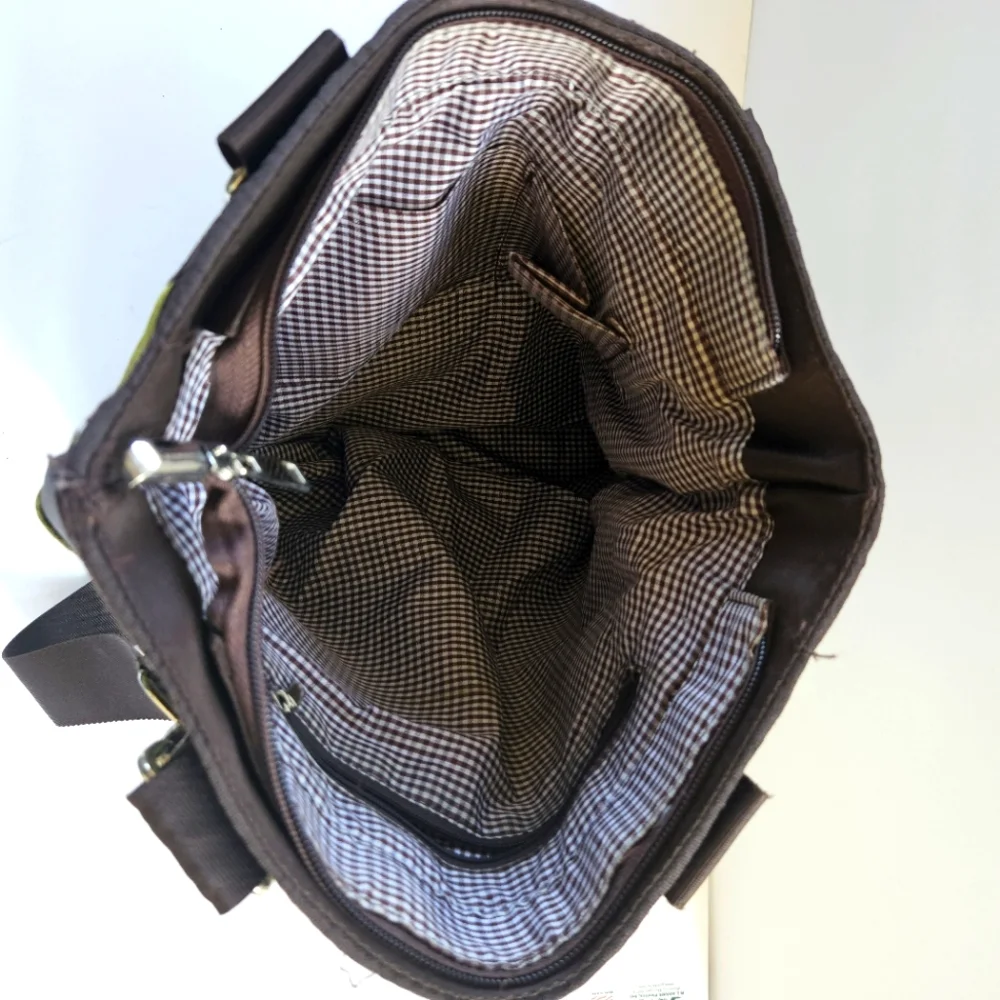 Nylon Brown and Green Basket Weave Shoulder Bag Heavy Duty - Picture 5 of 9